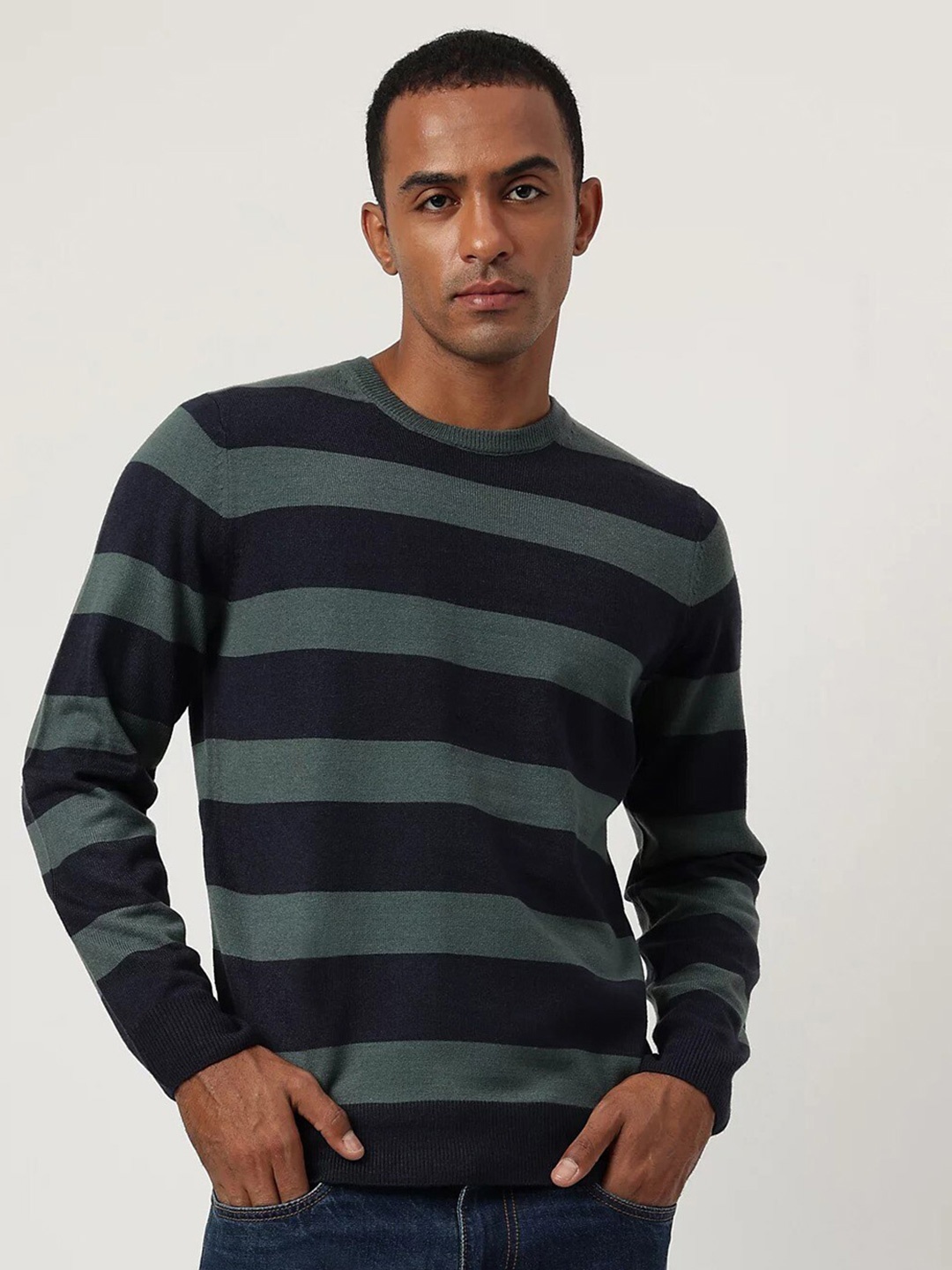

Marks & Spencer Striped Round Neck Casual Pullover, Green
