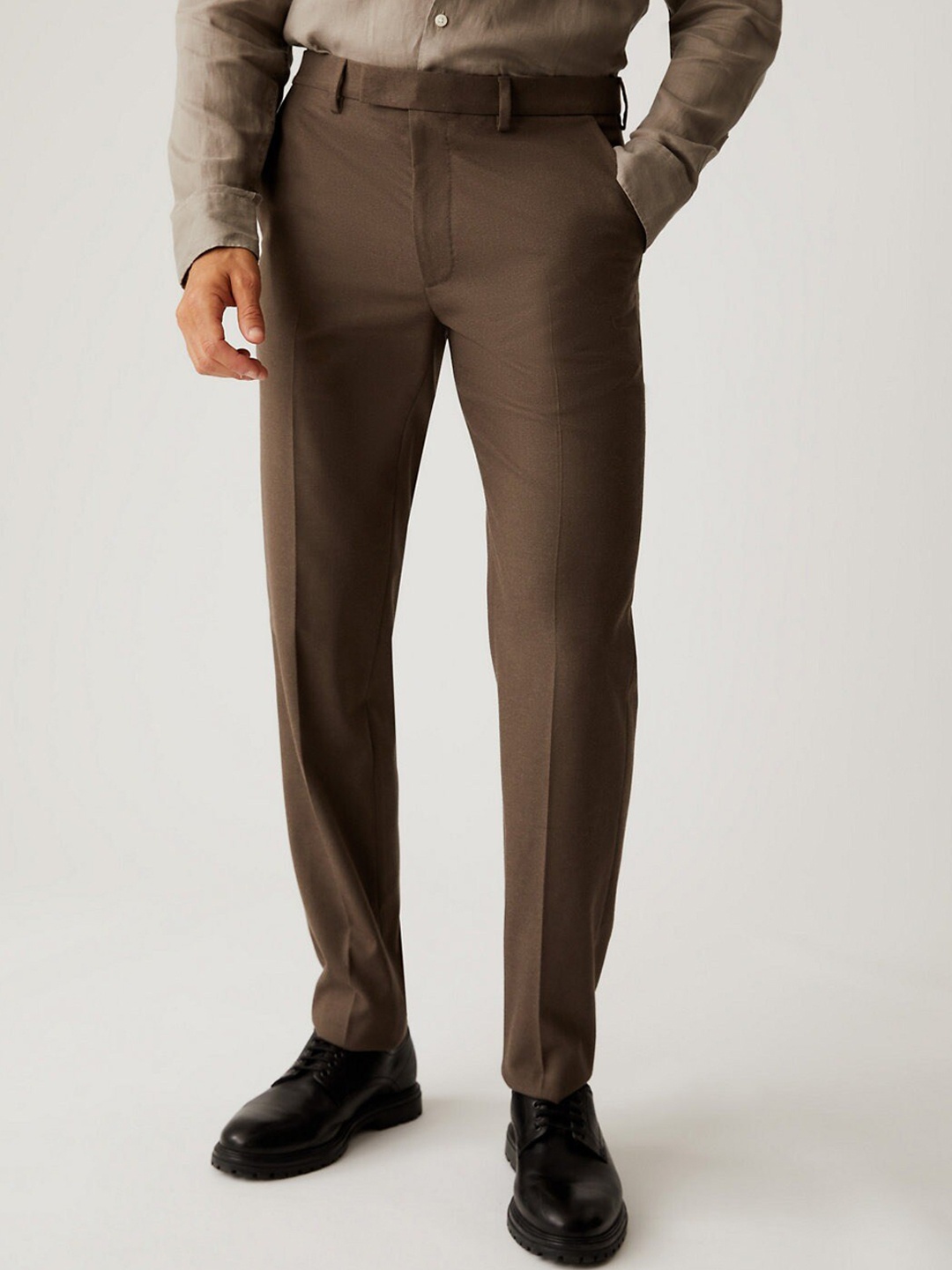 

Marks & Spencer Men Mid-Rise Woven Formal Trousers, Brown