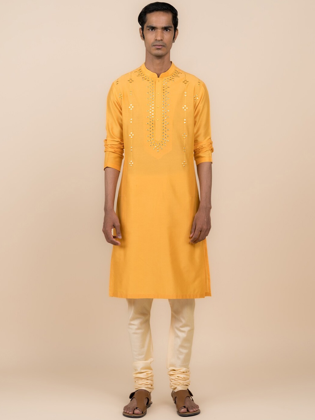 

Tasva Ethnic Motifs Mirror Work Embroidered Regular Kurta With Churidar, Yellow
