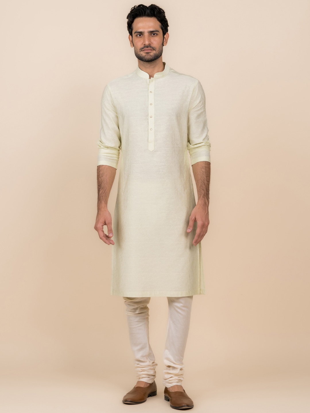 

Tasva Mandarin Collar Straight Kurta with Churidar &, Cream