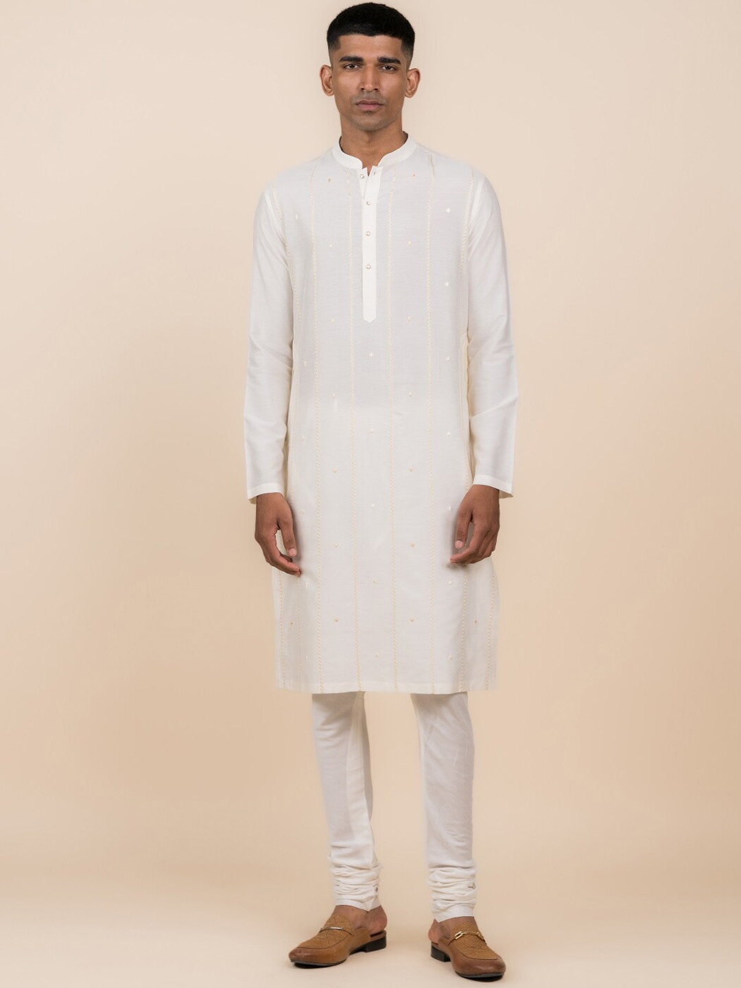 

Tasva Mandarin Collar Striped Mirror Work Kurta with Churidar, Off white