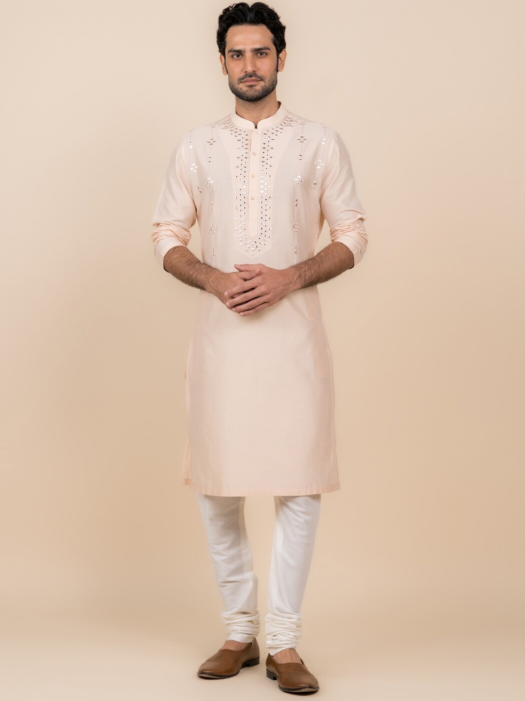 

Tasva Mandarin Collar Regular Mirror Work Kurta with Churidar, Gold
