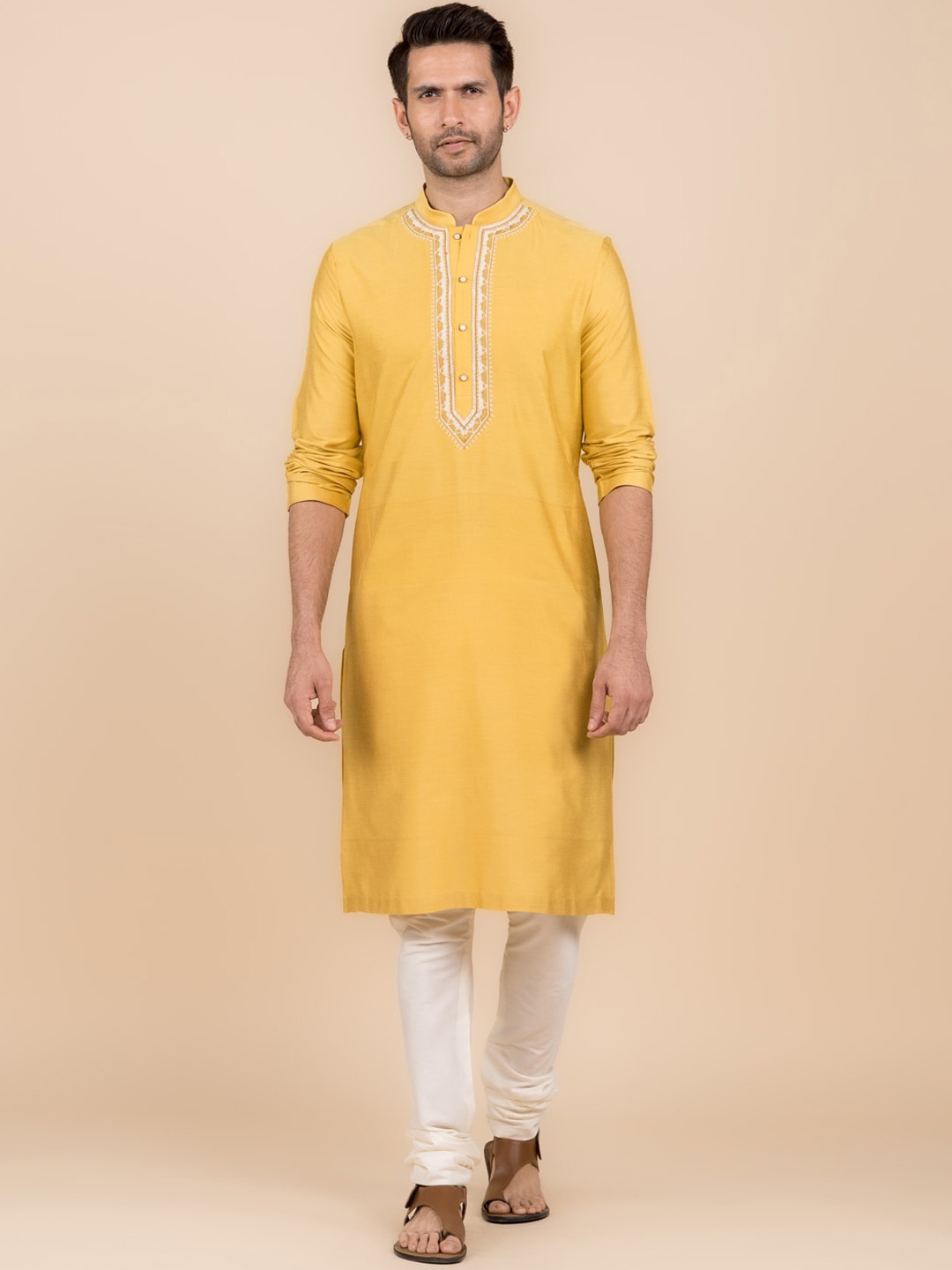 

Tasva Geometric Yoke Design Mandarin Collar Regular Kurta With Churidar, Yellow