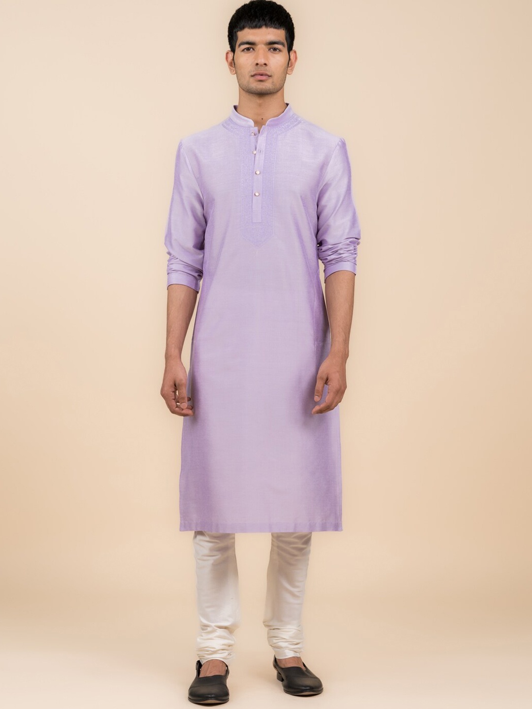 

Tasva Mandarin Collar Thread Work Regular Kurta with Churidar, Purple