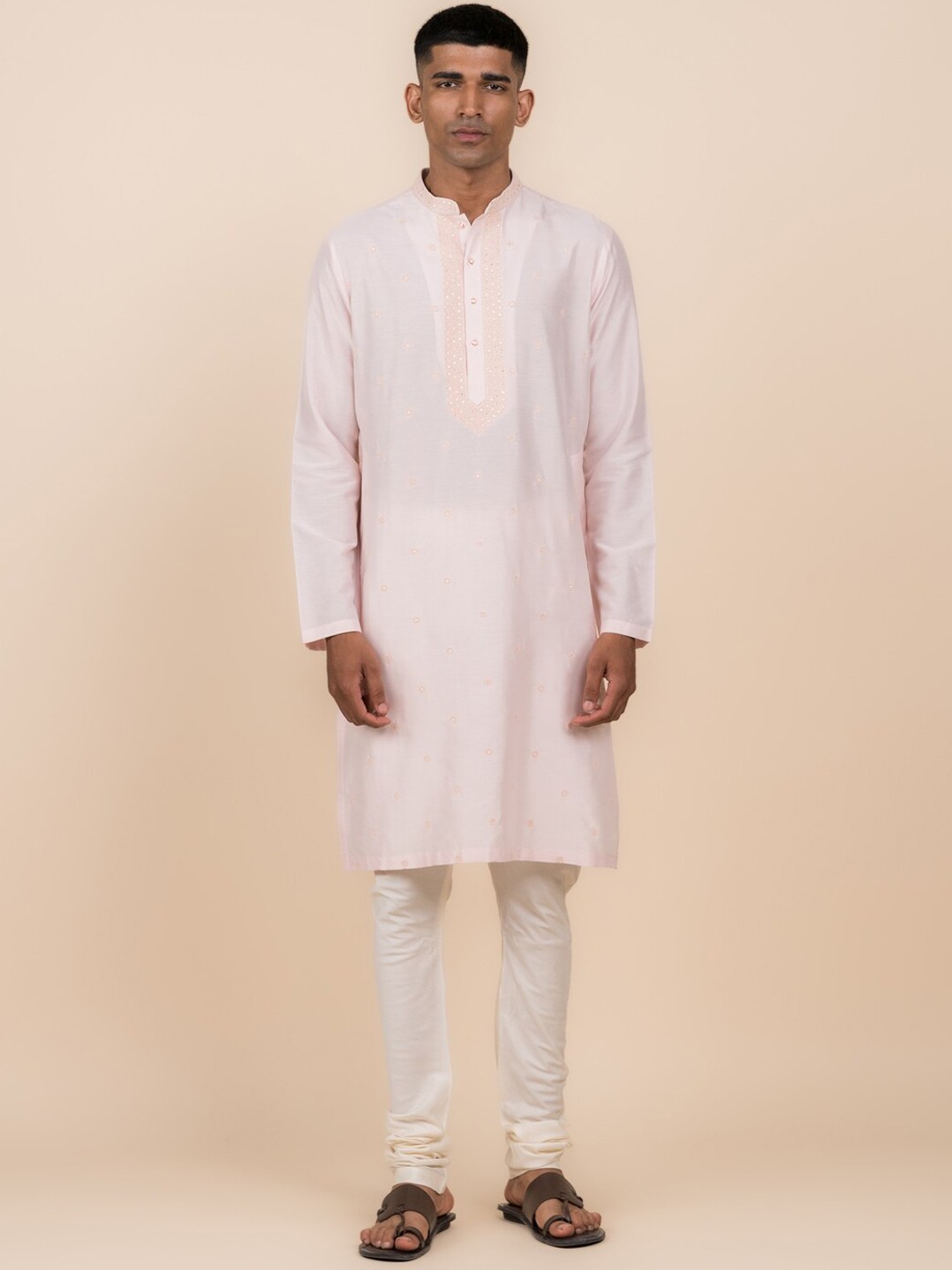 

Tasva Ethnic Motifs Embroidered Mirror Work Kurta with Churidar, Pink