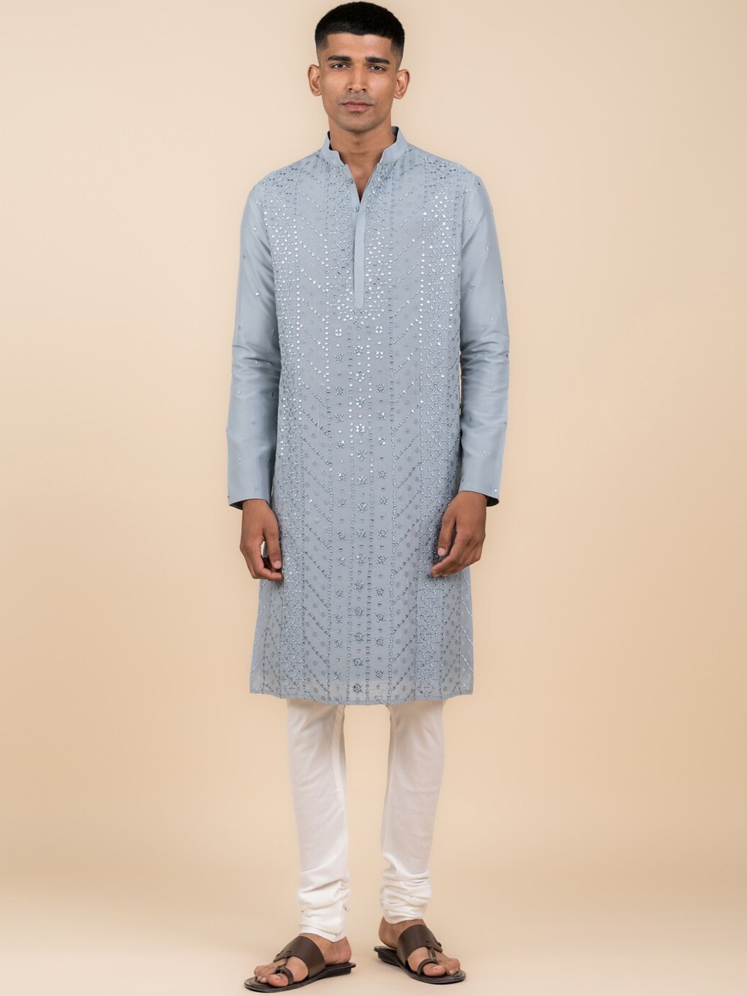 

Tasva Ethnic Motifs Embroidered Mandarin Collar Mirror Work Kurta with Churidar, Grey