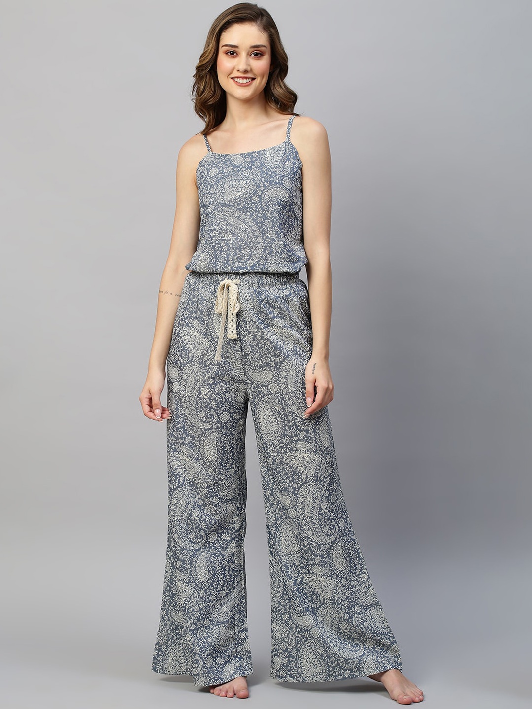 

DRAPE IN VOGUE Grey & White Ethnic Motifs Printed Night Suit