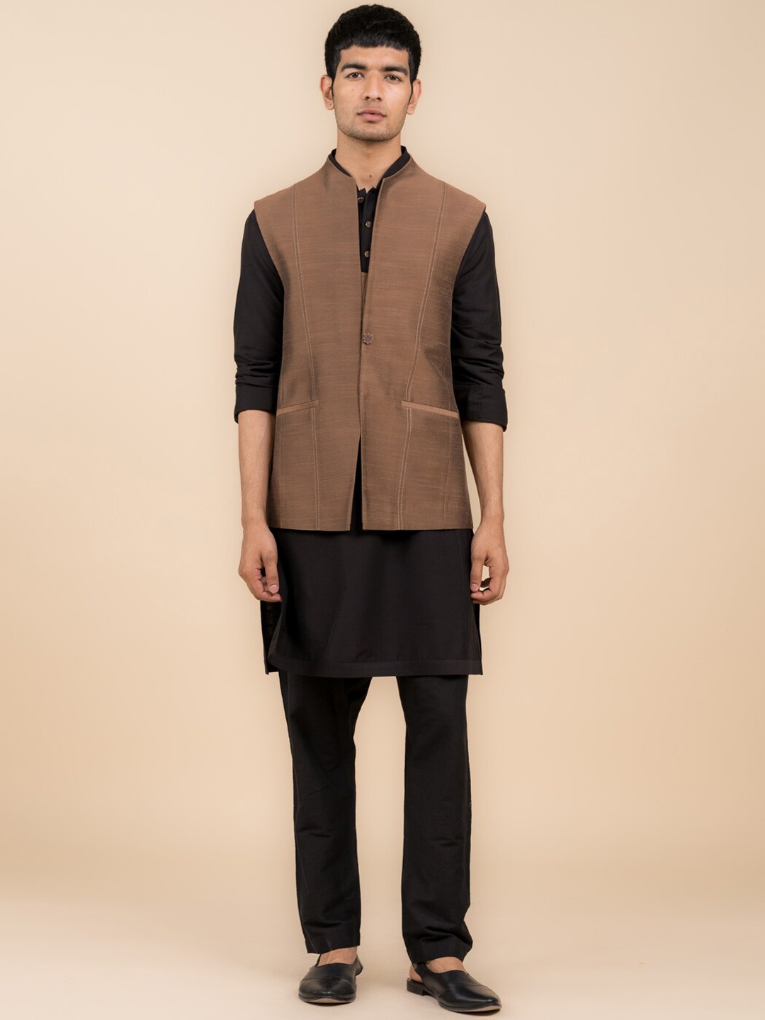 

Tasva Self-Design Nehru Jackets, Brown