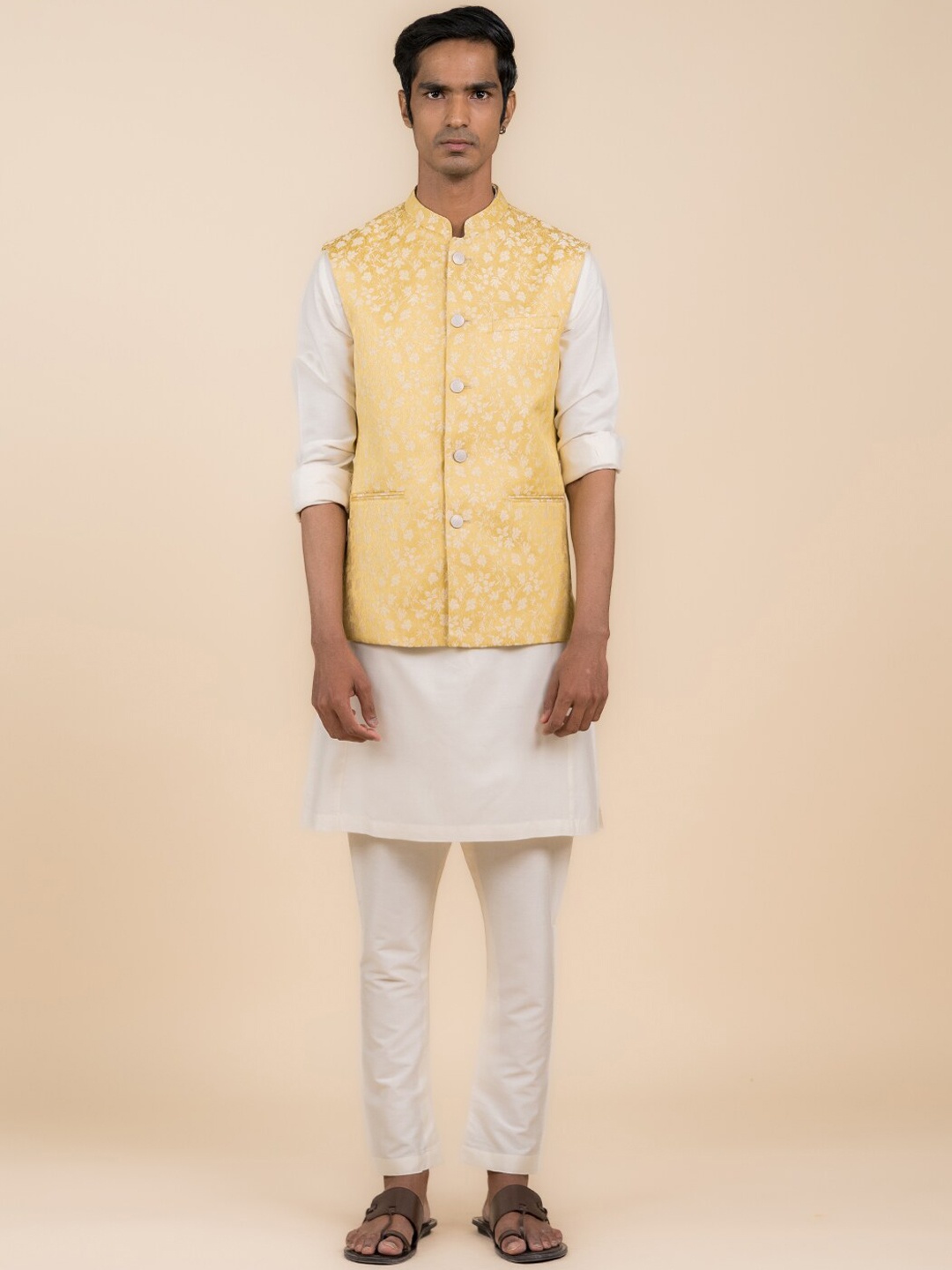 

Tasva Woven-Design Nehru Jacket, Yellow