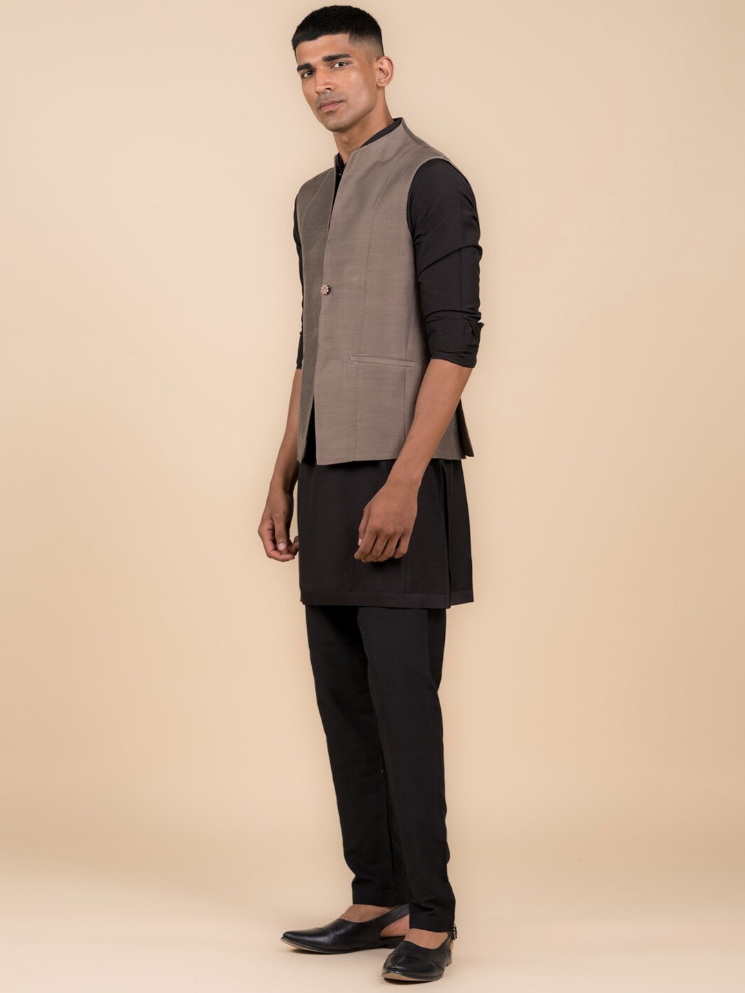 

Tasva Self-Design Nehru Jacket, Charcoal