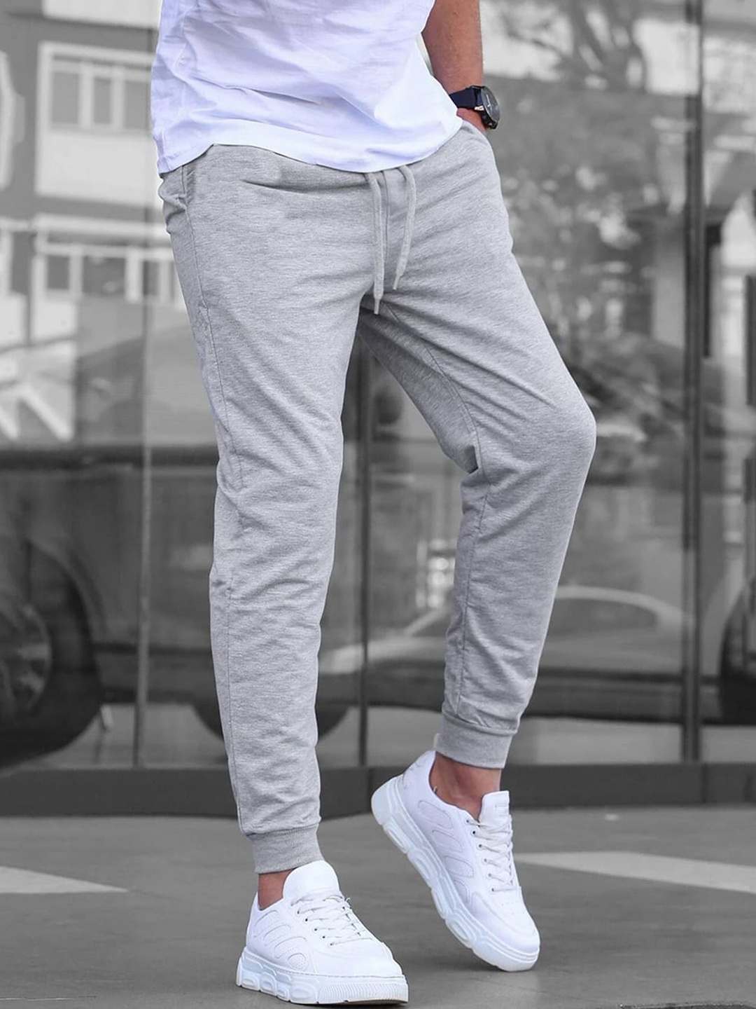 

NOBERO Men Mid-Rise Cotton Joggers, Grey