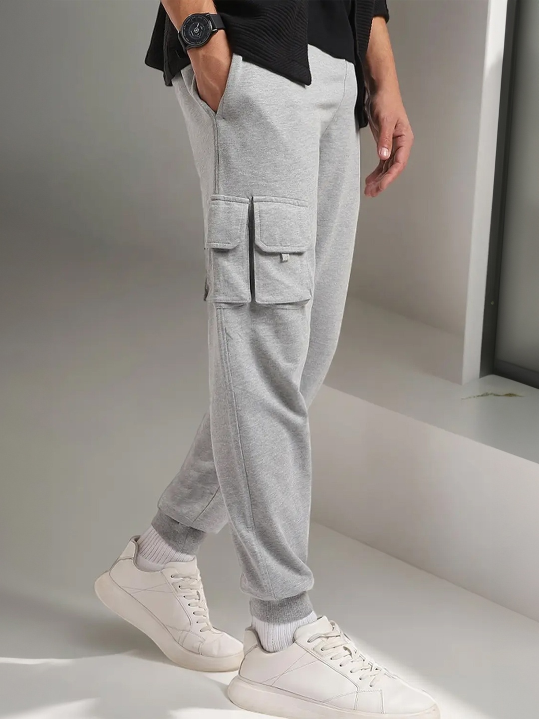 

NOBERO Men Mid-Rise Cotton Joggers, Grey