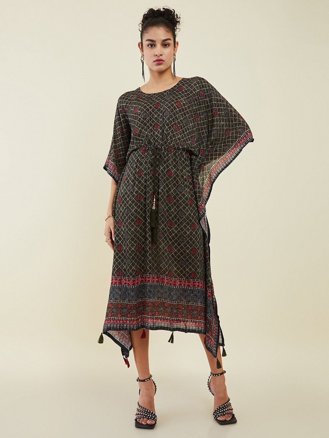 

Soch Olive Green Ethnic Motifs Printed Sequined Kaftan Midi Ethnic Dress