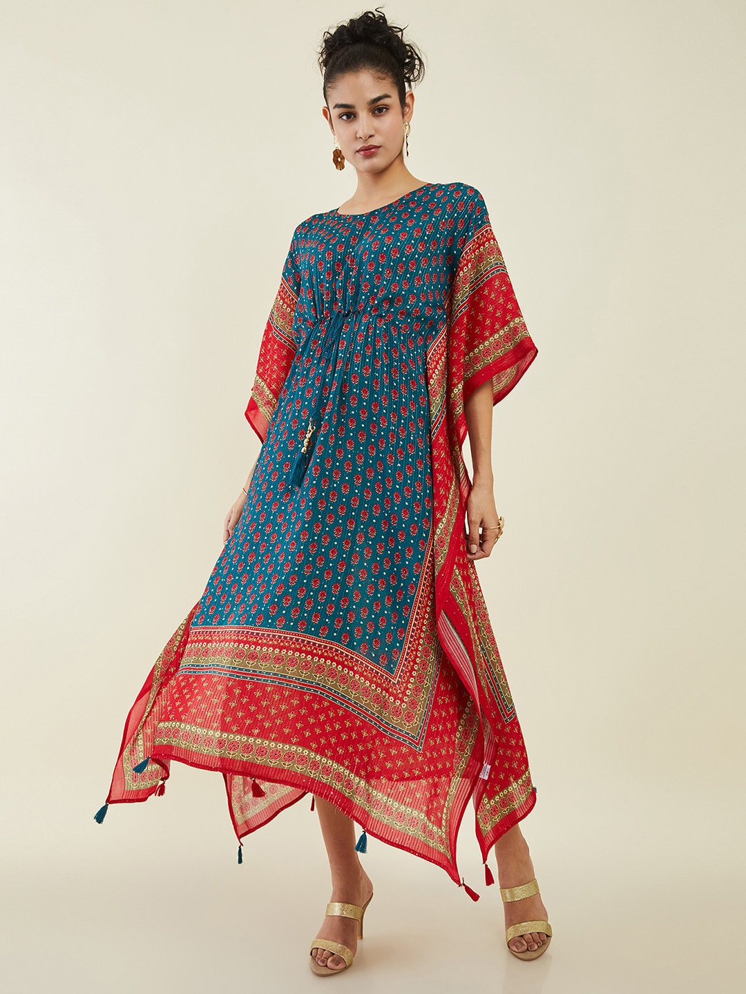 

Soch Teal Blue Ethnic Motifs Printed Sequined Kaftan Midi Ethnic Dress