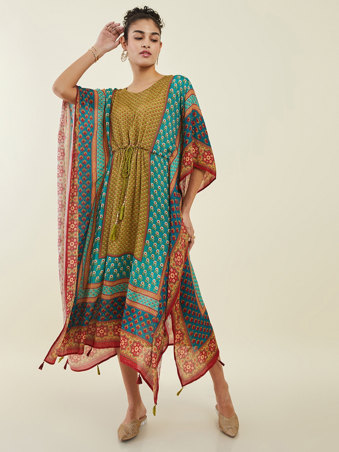 

Soch Green & Blue Ethnic Motifs Printed Sequined Kaftan Midi Ethnic Dress
