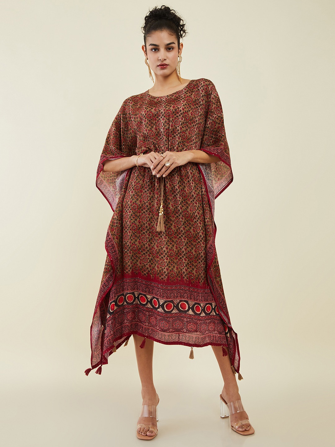

Soch Brown Ethnic Motifs Printed Sequined Kaftan Midi Ethnic Dress