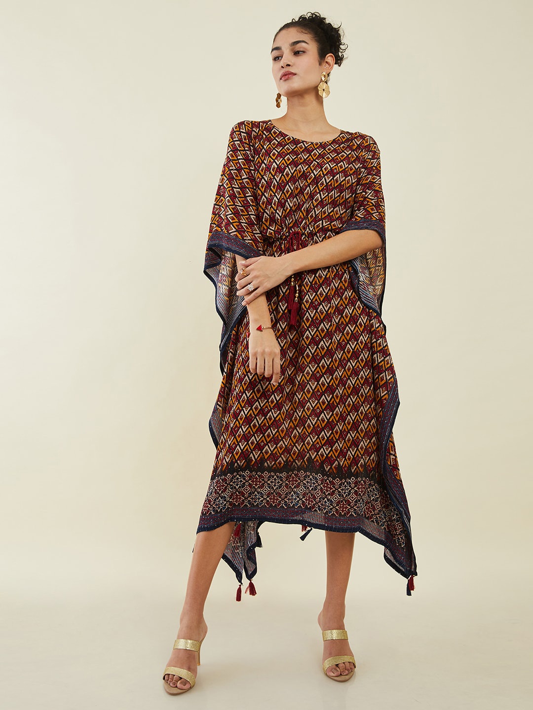 

Soch Maroon Ethnic Motifs Print Kaftan Midi Dress