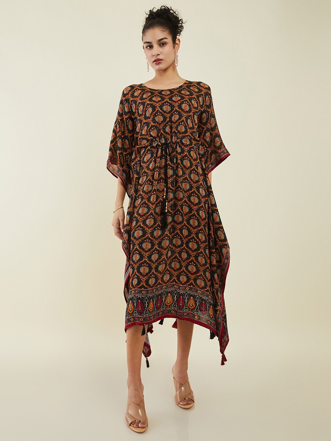 

Soch Black Ethnic Motifs Printed Sequined Kaftan Midi Ethnic Dress