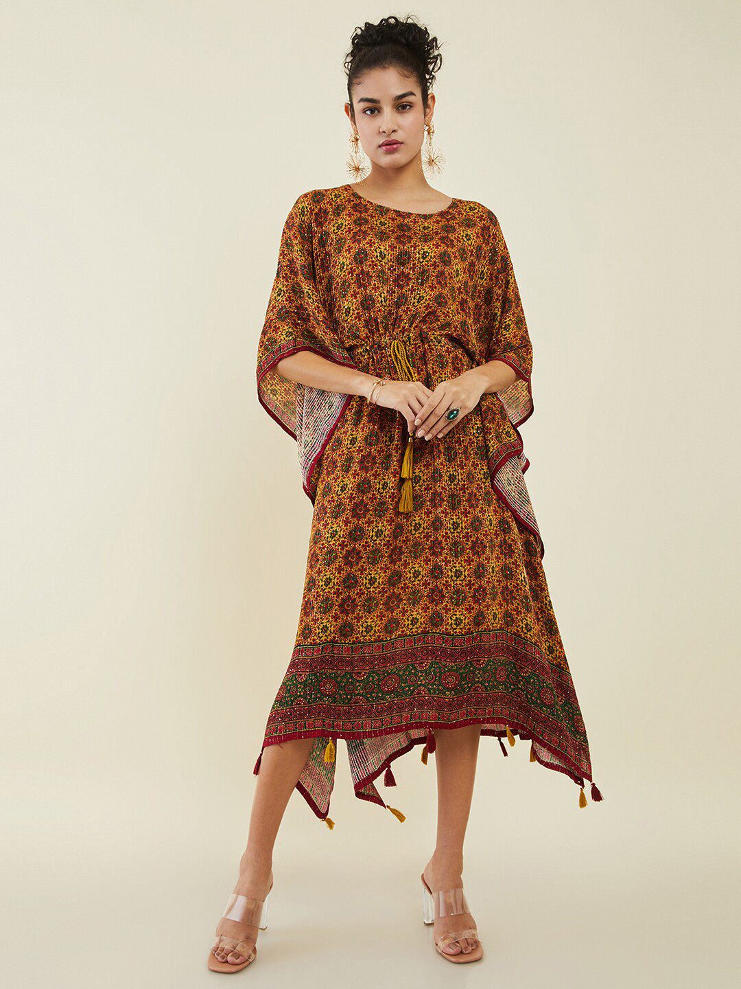 

Soch Mustard Yellow Ethnic Motifs Printed Sequined Kaftan Midi Ethnic Dress, Beige