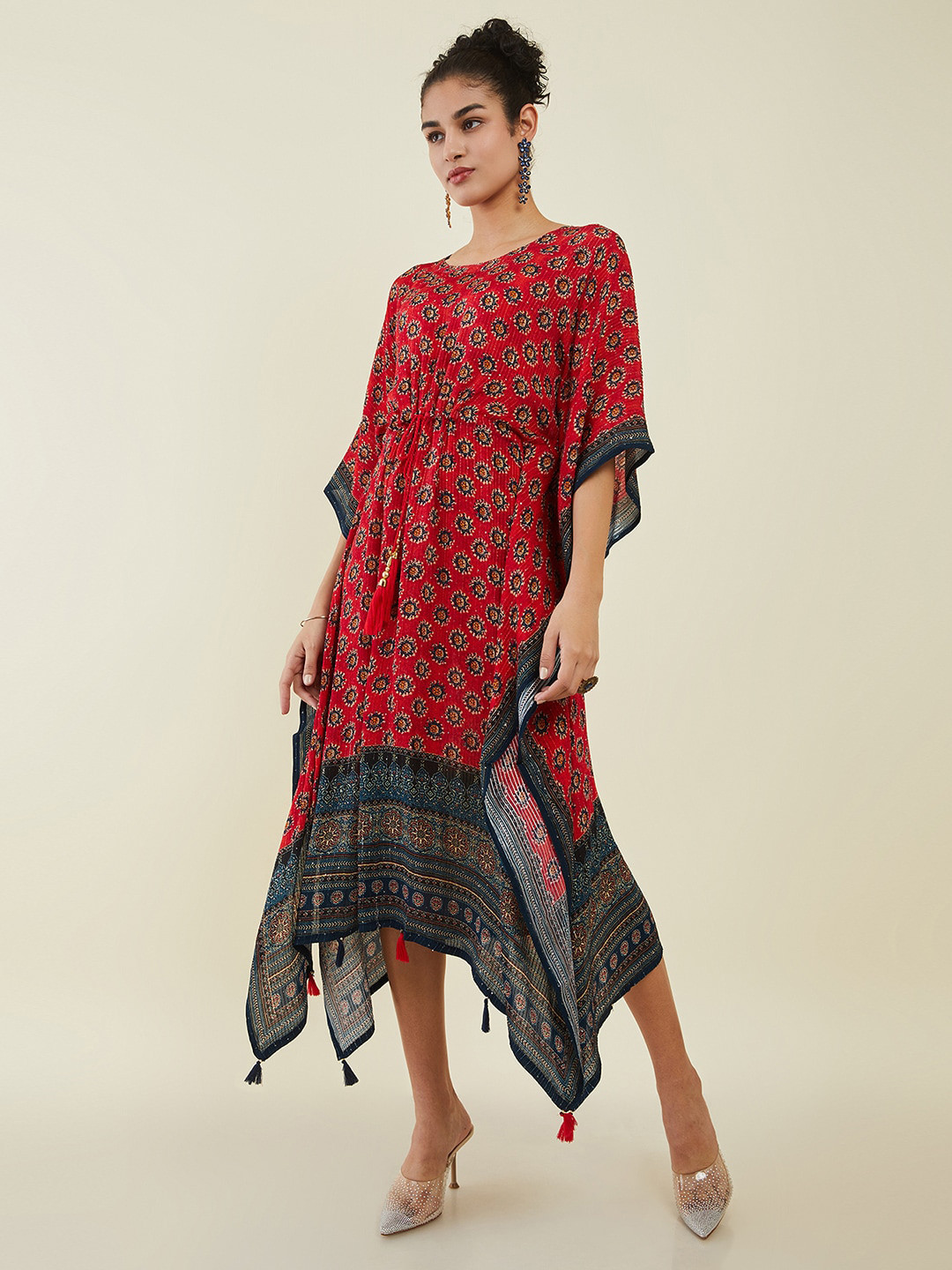 

Soch Red Ethnic Motifs Print Bell Sleeve Kaftan Midi Dress