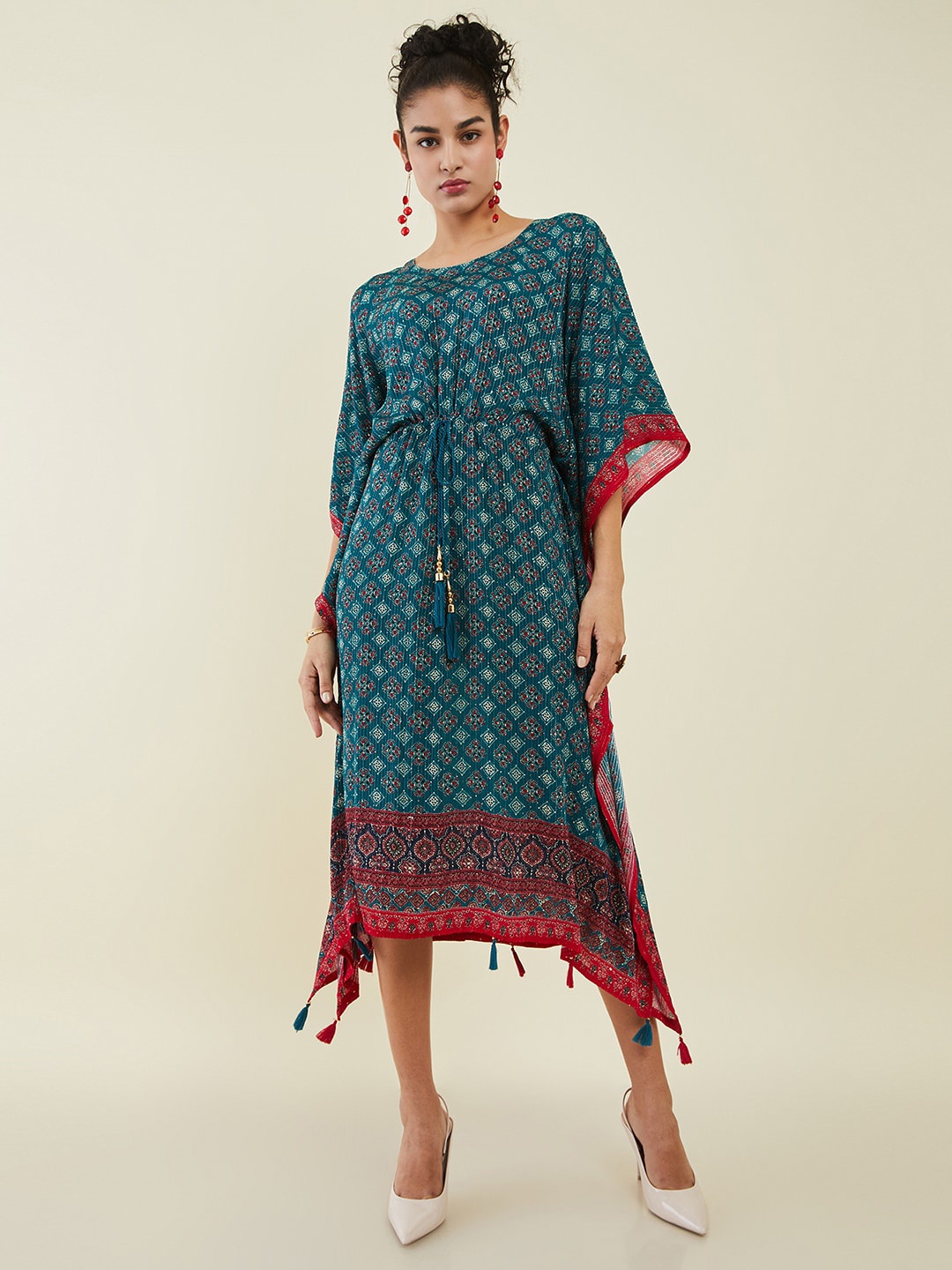 

Soch Teal Blue Ethnic Motifs Printed Sequined Kaftan Midi Ethnic Dress