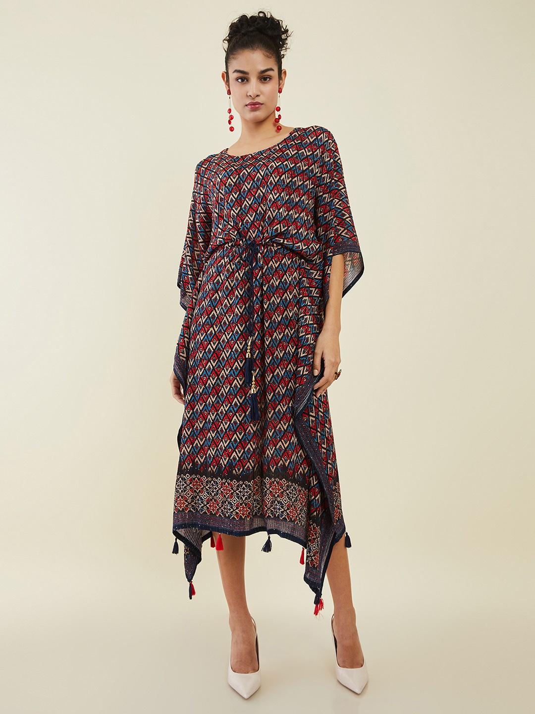 

Soch Red & Blue Ethnic Motifs Print Kaftan Midi Dress