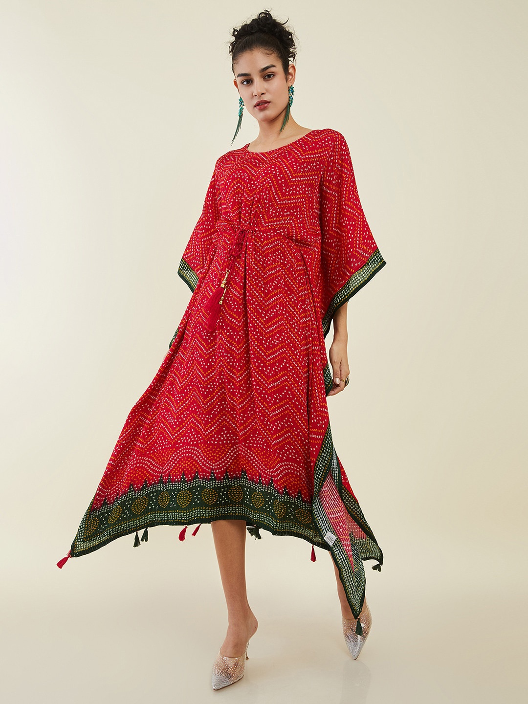 

Soch Red Bandhani Printed Sequined Kaftan Midi Ethnic Dress