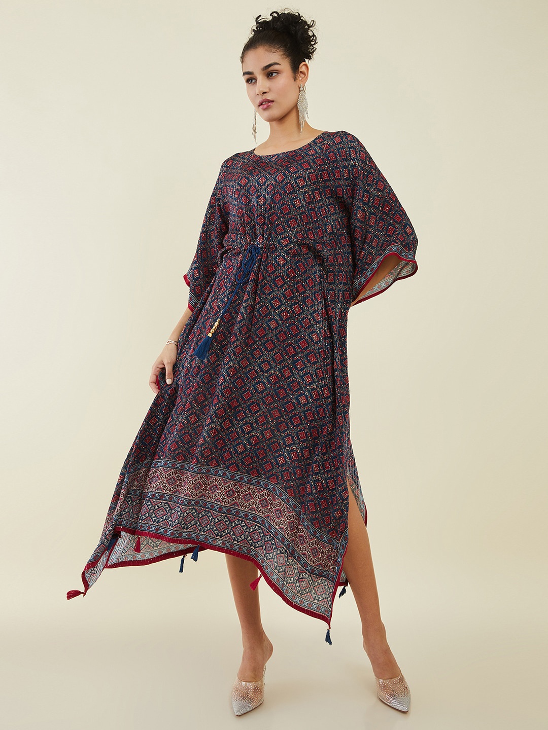 

Soch Navy Blue Ethnic Motifs Print Kaftan Midi Dress