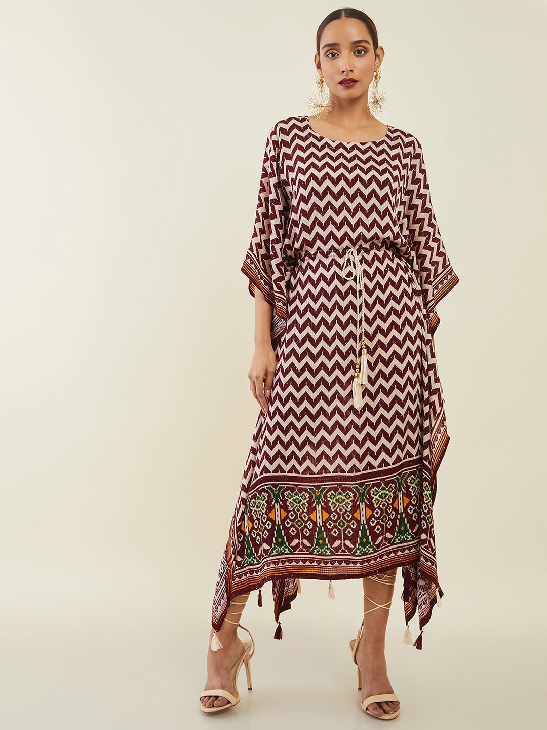 

Soch Maroon Chevron Printed Sequined Kaftan Midi Ethnic Dress