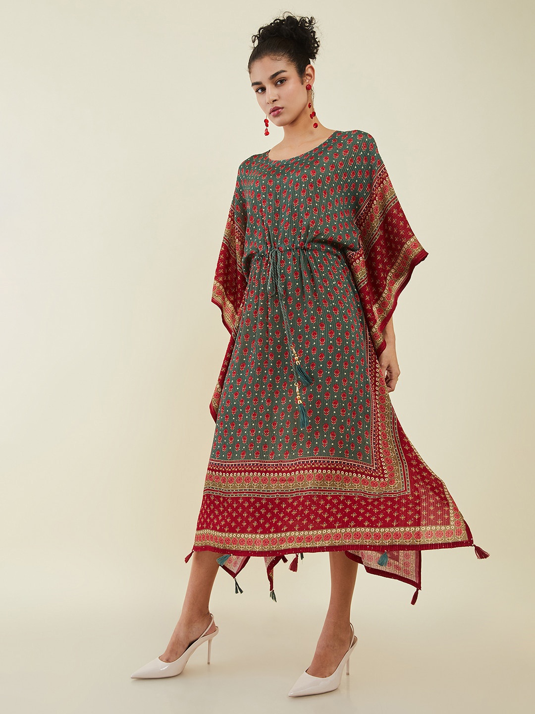 

Soch Green Ethnic Motifs Printed Sequined Kaftan Midi Ethnic Dress