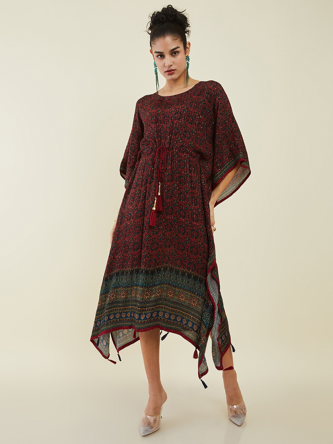 

Soch Maroon Ethnic Motifs Printed Sequined Kaftan Midi Ethnic Dress