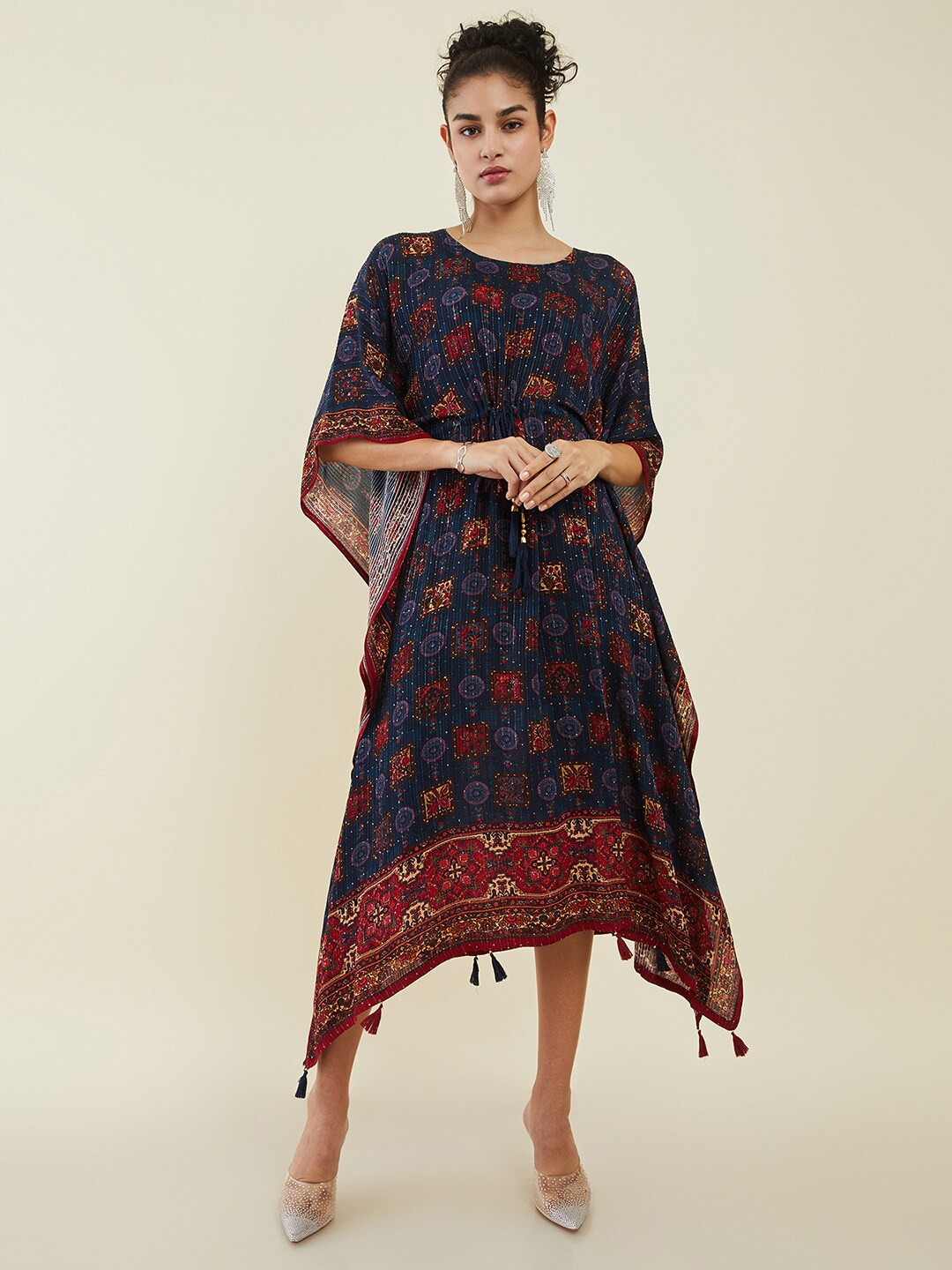 

Soch Navy Blue Ethnic Motifs Print Kaftan Midi Dress