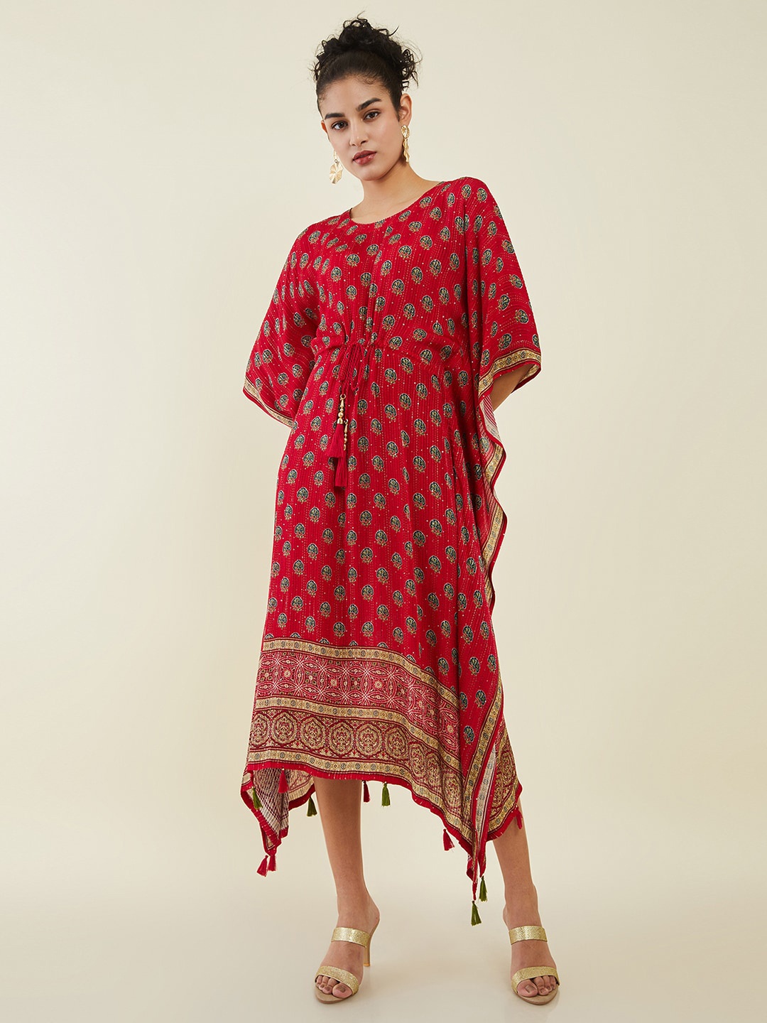 

Soch Red Ethnic Motifs Printed Sequined Kaftan Midi Ethnic Dress