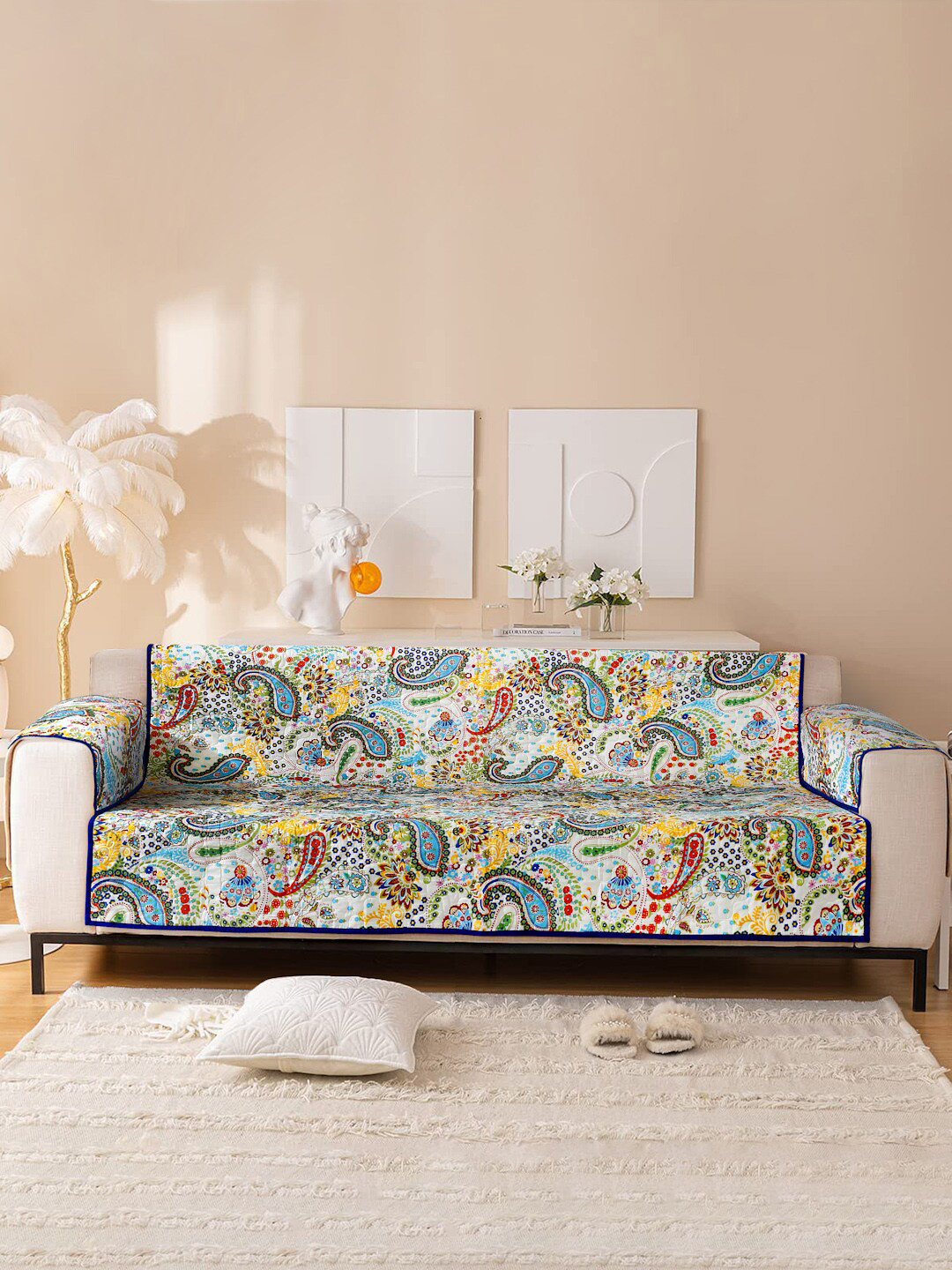 

Rajasthan Decor White & Yellow Printed Cotton 3-Seater Sofa Cover With Arms