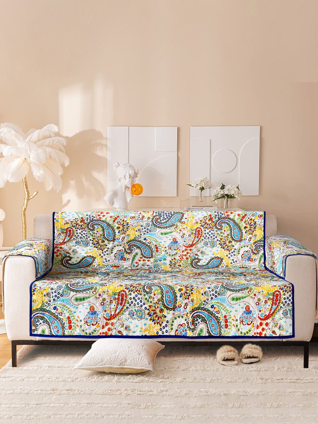 

Rajasthan Decor Blue & Red Floral Printed Cotton 2-Seater Sofa Cover
