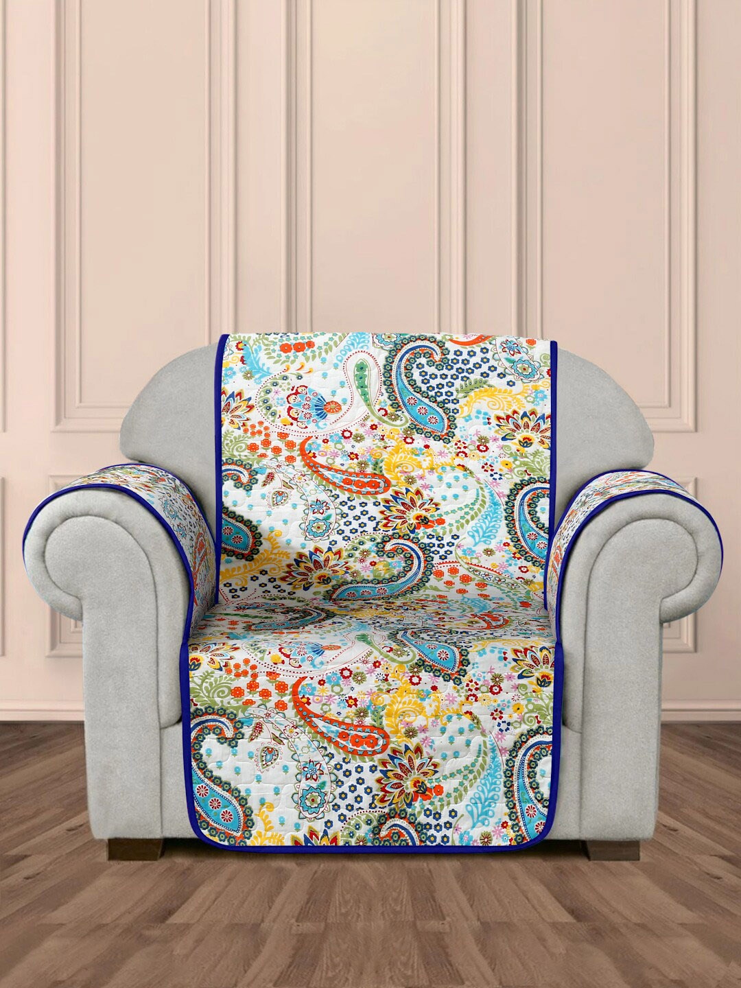

Rajasthan Decor White & Blue Printed Cotton 1-Seater Sofa Cover With Arms