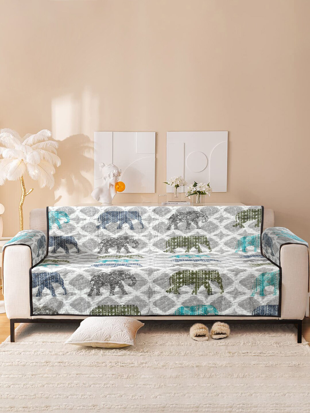 

Rajasthan Decor White & Grey Printed Cotton 3-Seater Sofa Cover With Arms