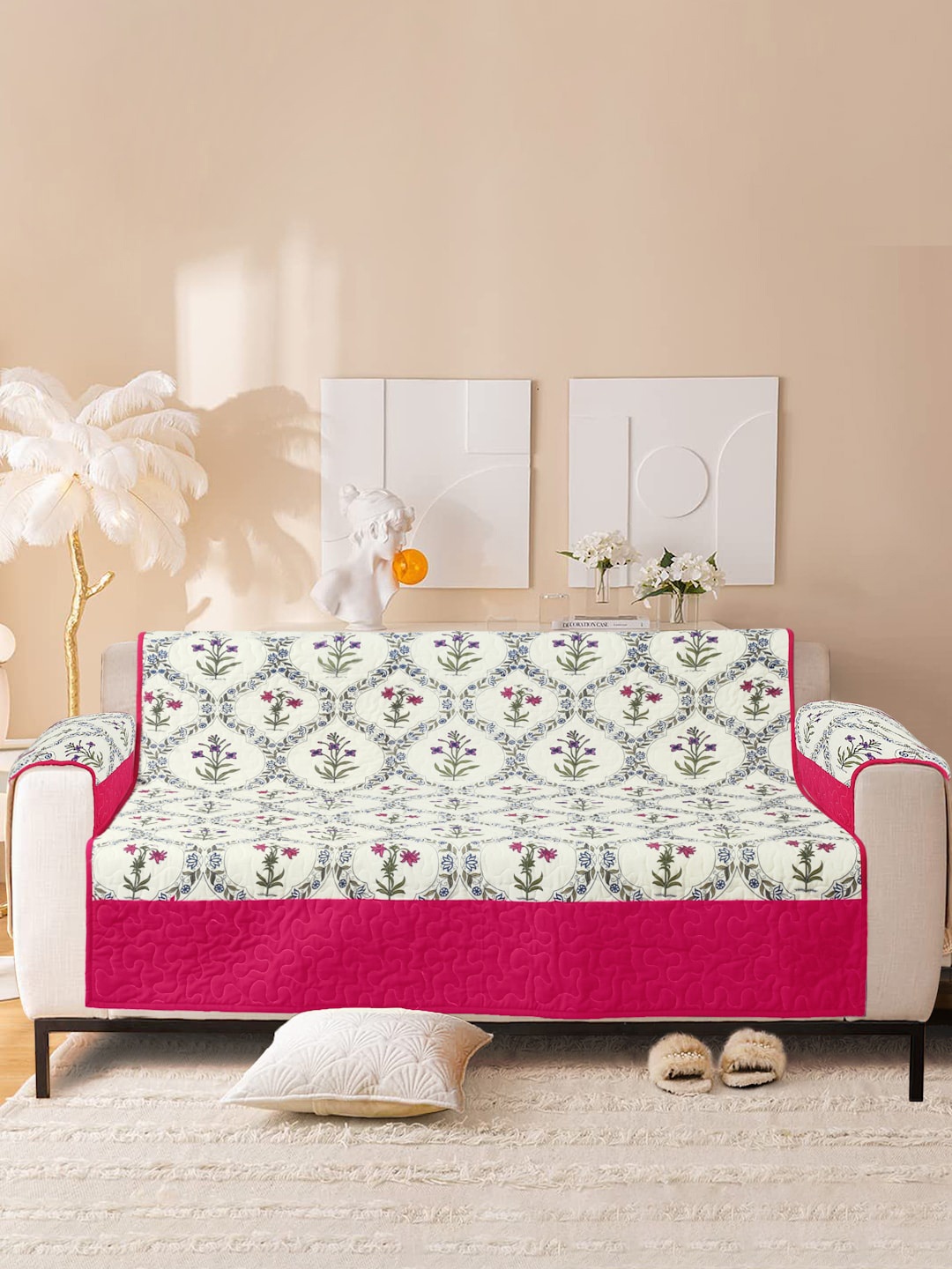 

Rajasthan Decor White & Pink Printed Cotton 3-Seater Sofa Cover With Arms