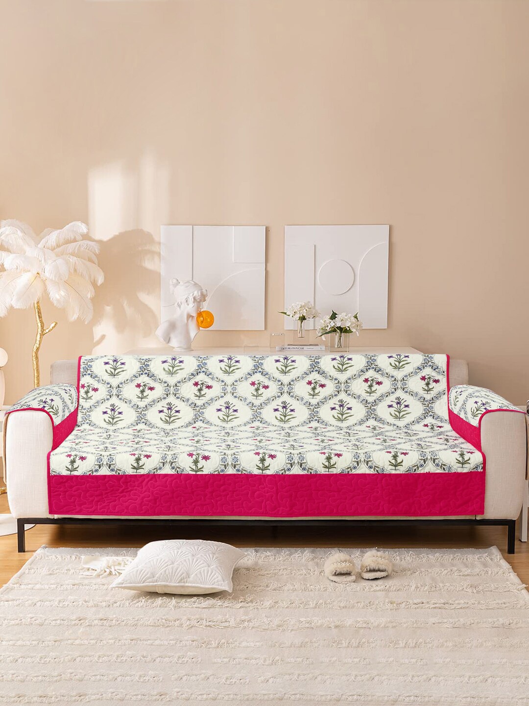 

Rajasthan Decor White & Red Floral Printed Cotton 3-Seater Sofa Cover