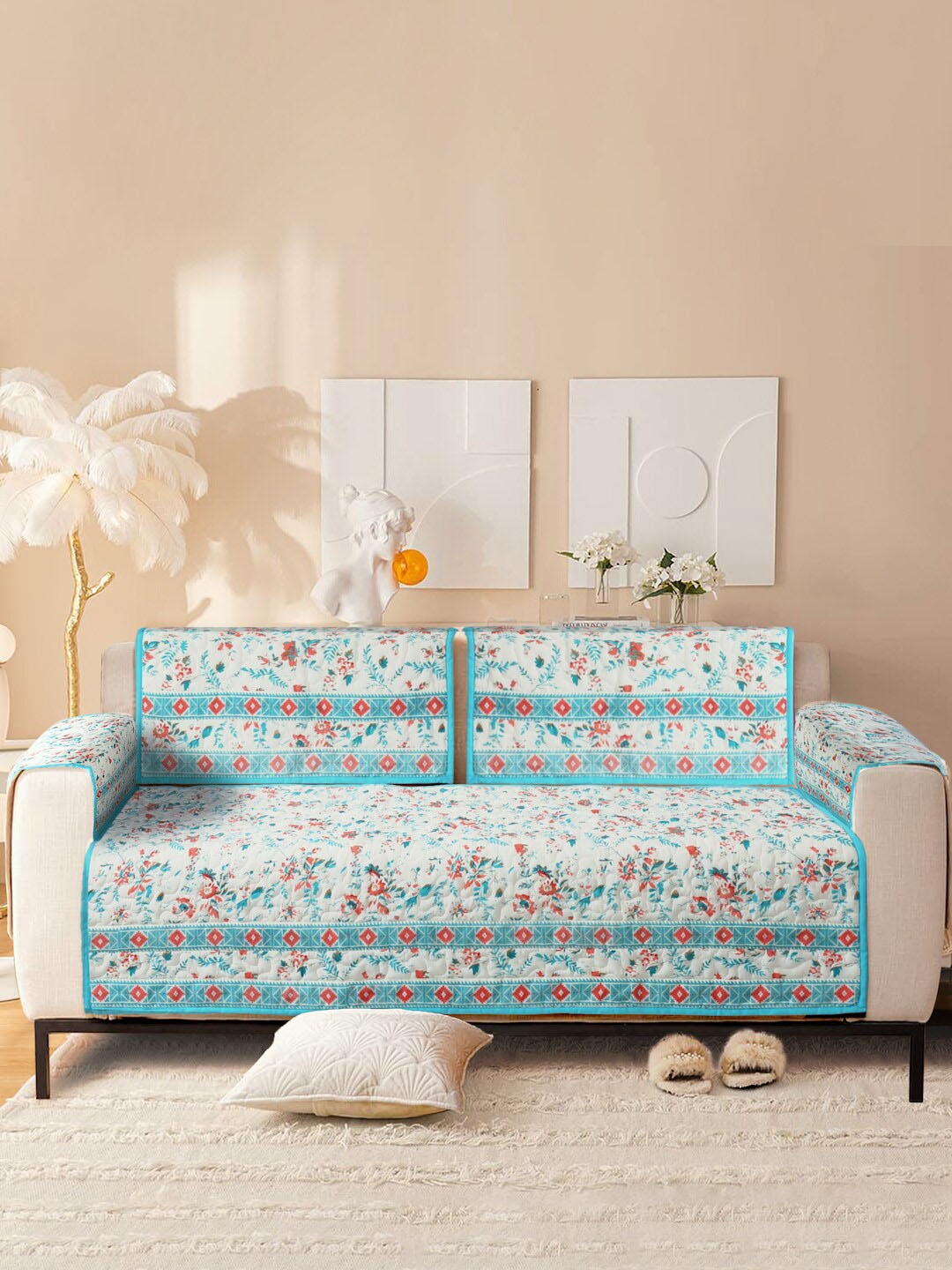 

Rajasthan Decor White & Blue Printed Cotton 2-Seater Sofa Cover With Arms
