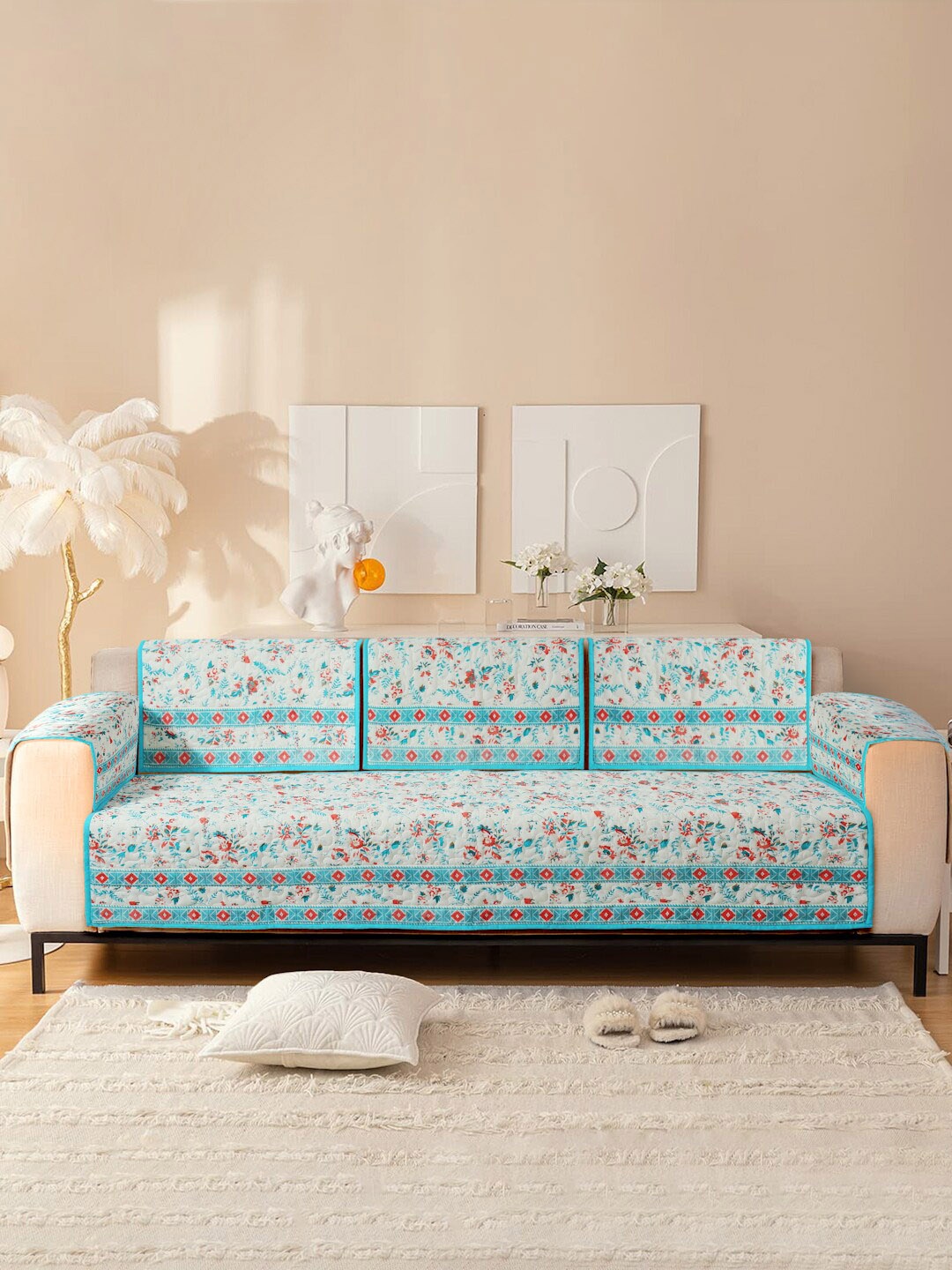 

Rajasthan Decor White & Blue Printed Cotton 3-Seater Sofa Cover With Arms