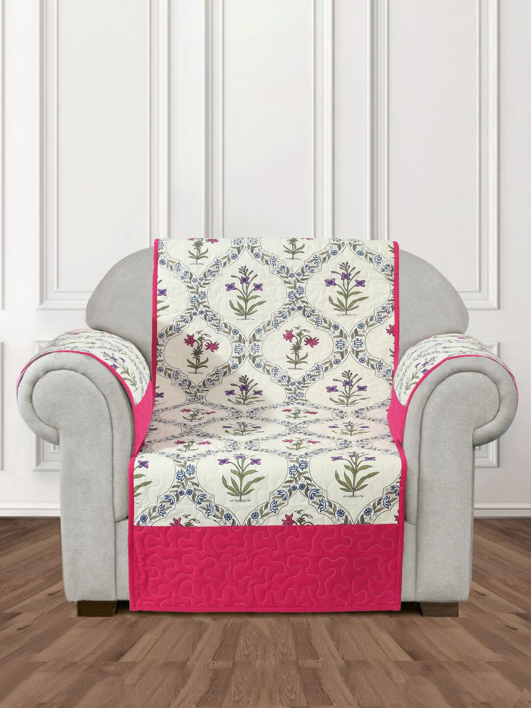 

Rajasthan Decor White & Pink Printed Cotton 1-Seater Sofa Cover With Arms