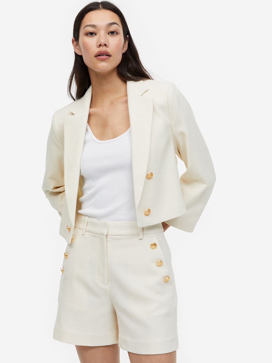 

H&M Women Cropped Double-Breasted Blazer, White