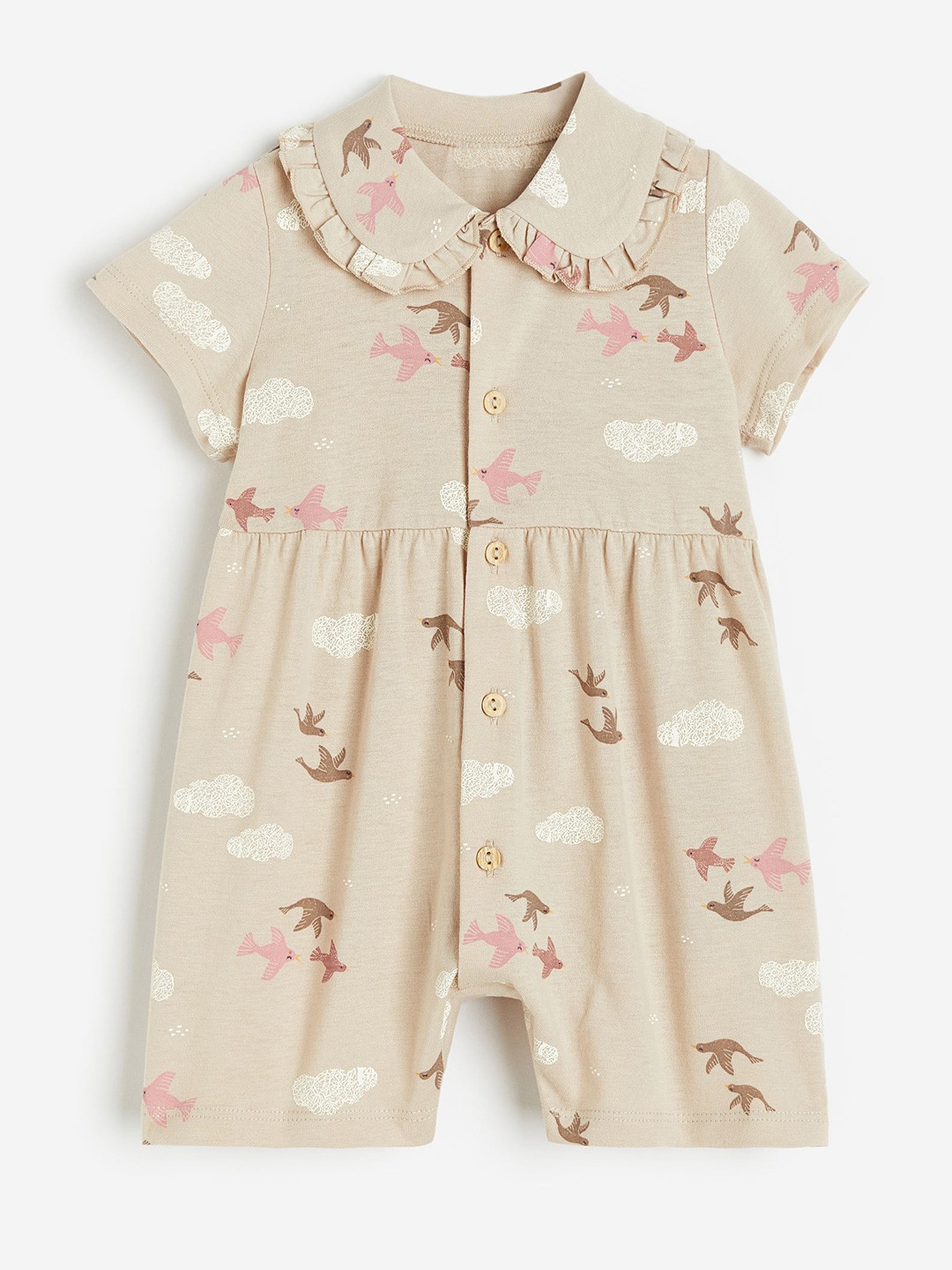 

H&M Girls Pure Cotton Collared Romper Suit, Beige