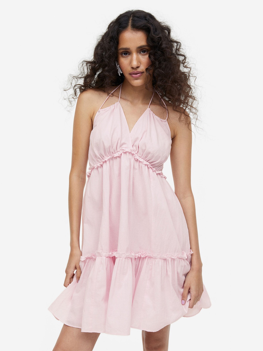 

H&M Cotton Frill-Trimmed Halterneck Dress, Pink