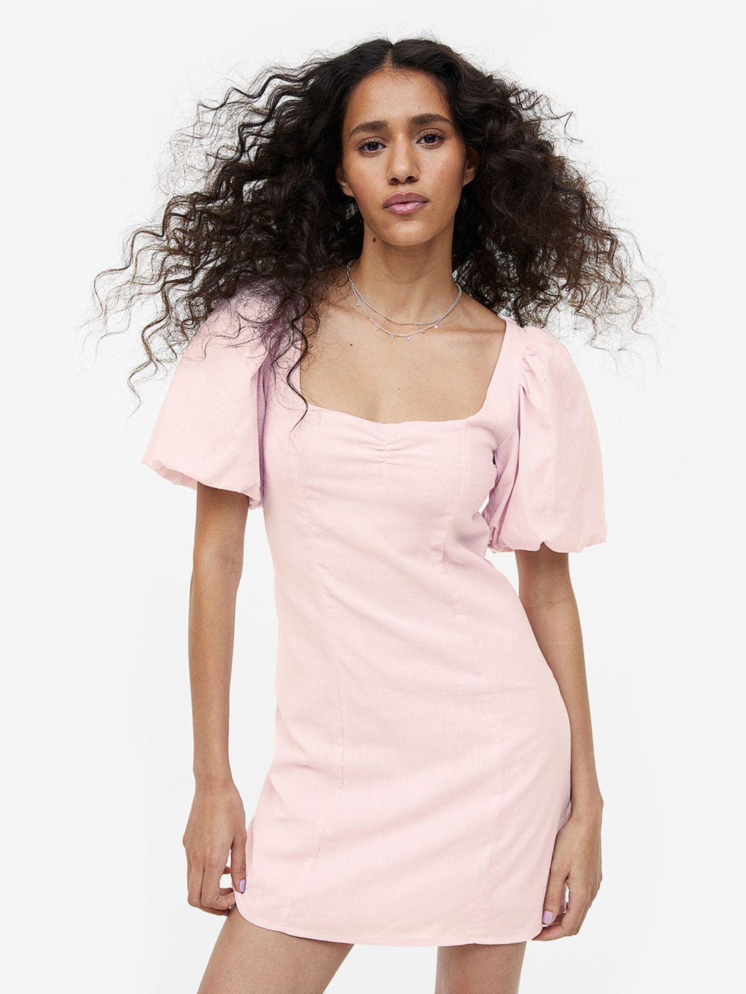 

H&M Cotton Linen Puff-Sleeved Dress, Pink
