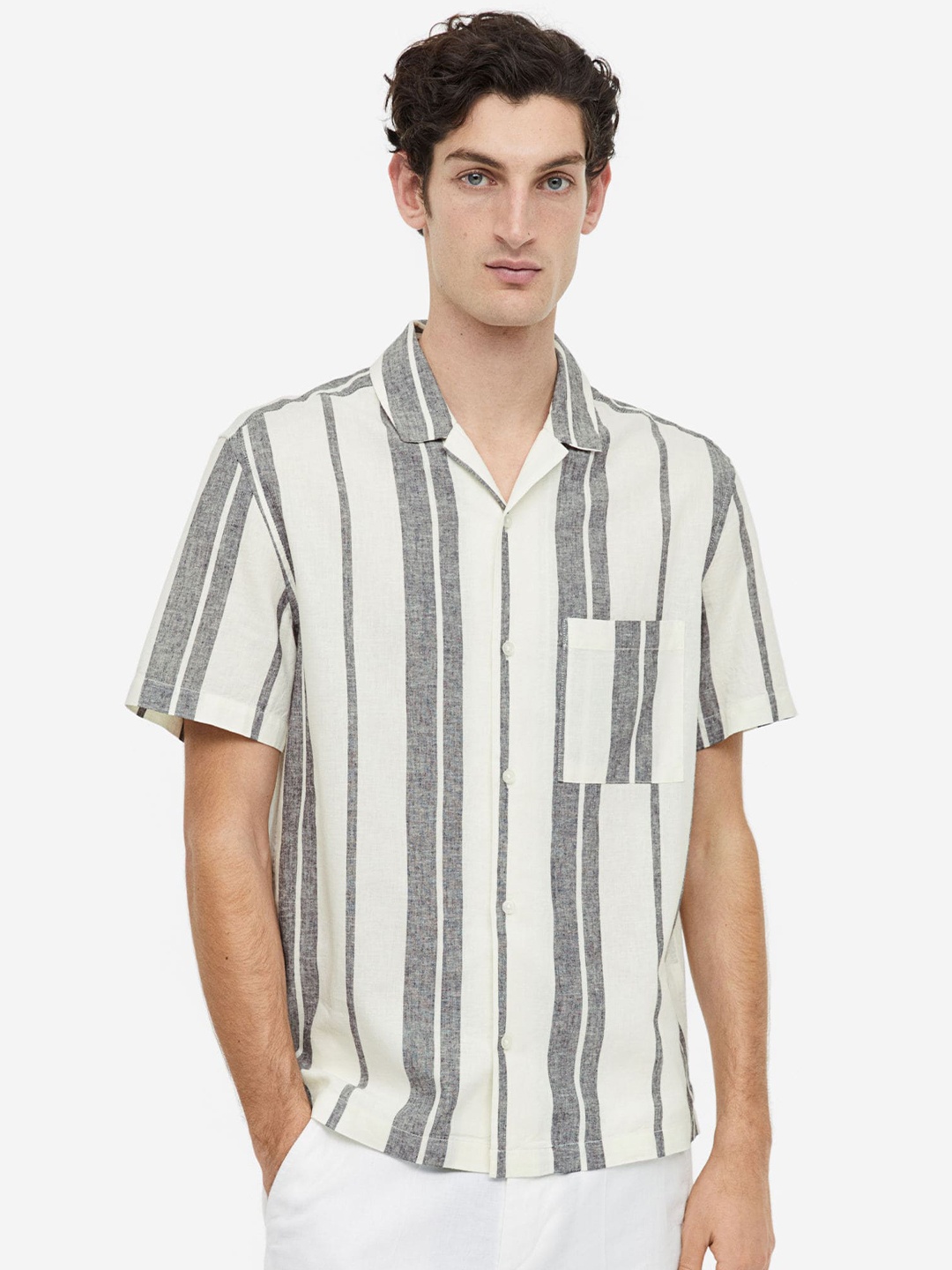 

H&M Men Regular Fit Linen-Blend Shirt, White