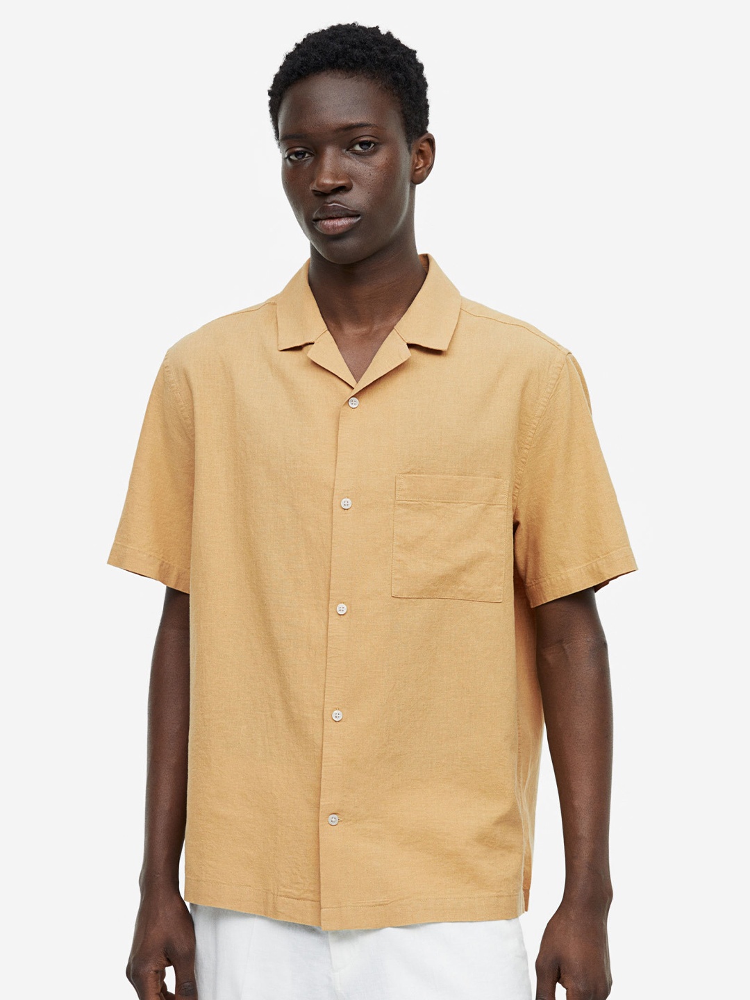 

H&M Men Regular Fit Linen-Blend Shirt, Mustard