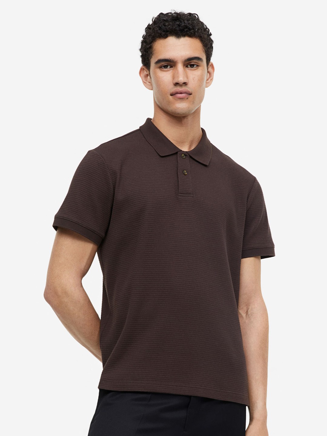 

H&M Men Slim Fit Waffled Polo Shirt, Brown