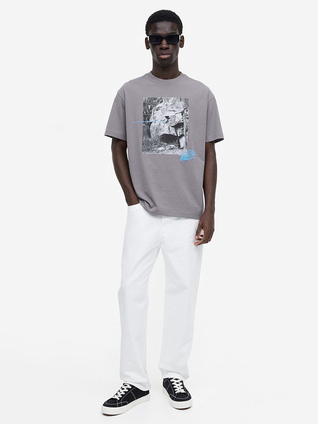 

H&M Men Relaxed Fit Printed Pure Cotton T-shirt, Grey